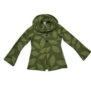 Neve Valerie Boiled Wool Jacket Medium  Leaf Print Toggle Collared Preppy Green